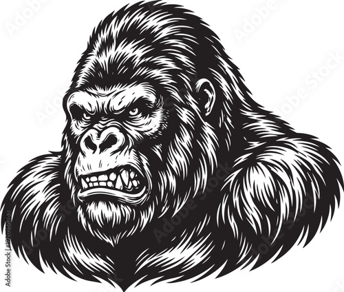 A Powerful Black and White Portrait of a Gorilla, Depicting Strength and Intensity.