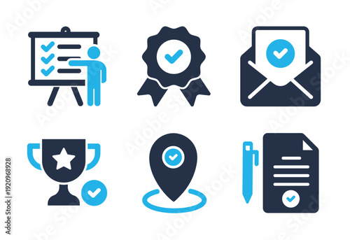 Document Approval and Award icon set. Solid glyph series icons