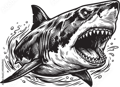 A ferocious great white shark opens its jaws to show off its sharp teeth in a hand-drawn illustration.