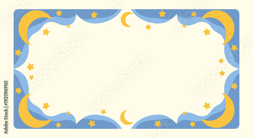 Whimsical Night Sky Border with Crescent Moons and Stars on Creamy Background