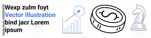 Finance, strategic planning, analytics, investment, monetary growth, and decision-making. Features bar graph, target arrow dollar coin and chess knight. Finance and strategy concept
