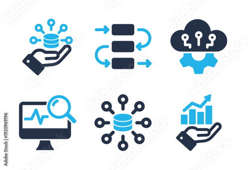 Data Management and System Analysis icon set. Solid glyph series icons