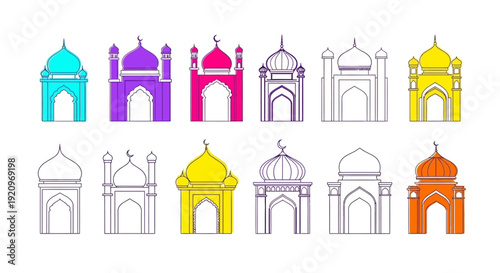 Vibrant Collection of Islamic Archway and Mosque Designs in Various Colors