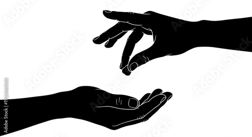 Two Black Silhouette Hands Reaching, One Giving to the Other, Abstract
