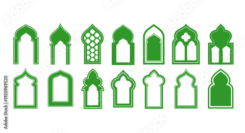 Collection of Diverse Islamic Arch and Window Designs in Green - Vector Set