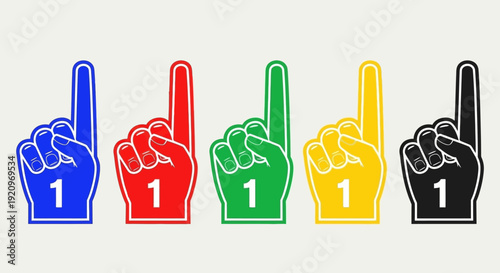 Set of Five Colorful Foam Fingers Number One Vector Illustration on White Background
