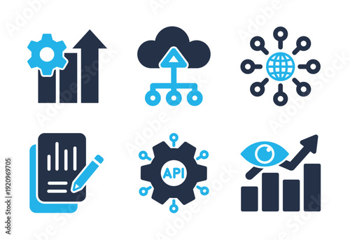 API Integration and Business Optimization icon set. Solid glyph series icons