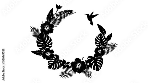 Black silhouette of a tropical floral wreath with hibiscus flowers, monstera leaves, palm fronds, and a hummingbird flying above.