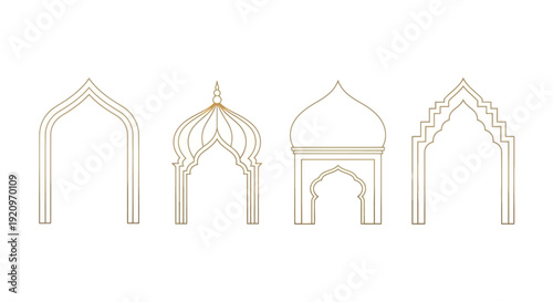 Collection of Elegant Golden Islamic Arch and Dome Designs, Vector Graphics