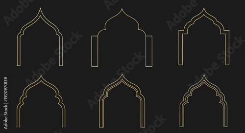 Collection of Golden Islamic Archways with Decorative Geometric Patterns on Black Background