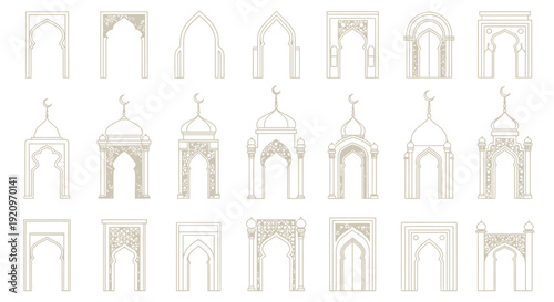 Collection of Decorative Islamic Archways and Gates in a Simple Outline Style