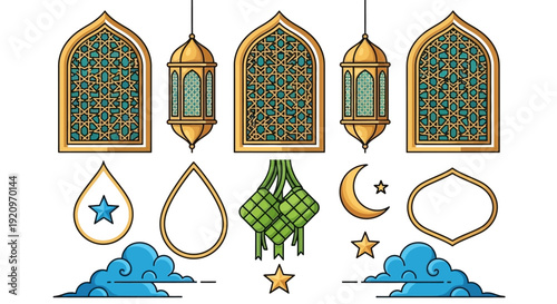 Collection of Ramadan Islamic Decorative Elements: Lanterns,, Clouds, Moon and Stars