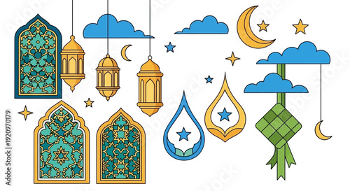 Traditional Islamic Geometric Ornaments, Lanterns, Moon, Stars, and Clouds Vector Art