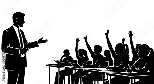 Teacher in Suit Gesturing to Students Raising Hands in a Classroom Silhouette