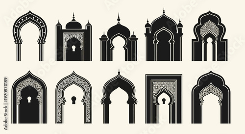 Collection of Black Islamic Architectural Arches and Gateways on a Light Background