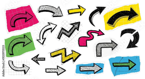 Collection of Hand-Drawn Arrows and Directional Symbols on Torn Paper Background