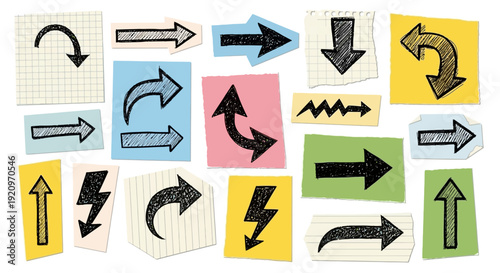 Diverse Hand-Drawn Arrows Collection on Colorful Paper Notes, Vector Graphic