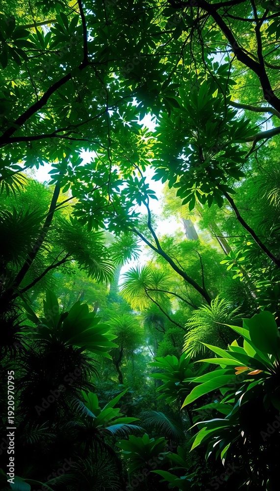 Fototapeta premium Lush rainforest canopy with dappled sunlight filtering through dense foliage, creating a vibrant green atmosphere, rainforest, light