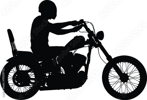 Motorcycle rider silhouette side view, vintage chopper bike with helmet isolated on white background vector illustration