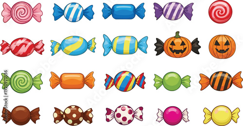 Set of Colorful Halloween Candy and Sweet Treats with Pumpkin Jack O Lantern Wrappers Lollipops and Hard Candies for Trick or Treat Branding and Autumn Party Decor