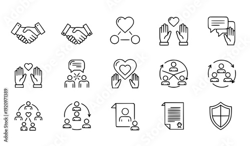 Friendship and business trust linear icon set vector illustration isolated on transparent background