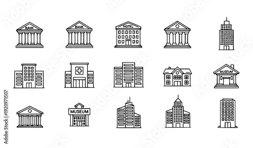 Urban architecture and city buildings linear icon set vector illustration isolated on transparent background