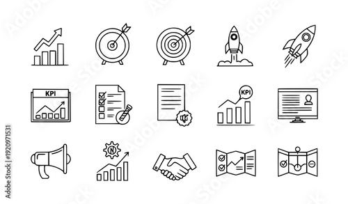 Minimal startup growth and target line icons vector set isolated on transparent background
