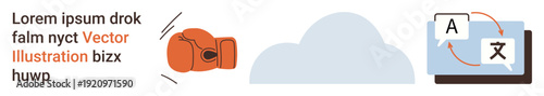 Language translation, cloud storage, file sharing, data exchange, sports concepts, competition ideas. Boxing glove, cloud and translation icons displayed. Language translation and cloud storage
