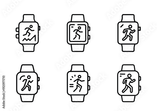 Multiple smartwatch fitness tracker icons showcasing running and exercise activity data