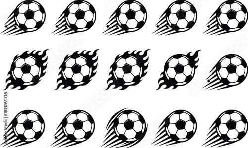 Soccer ball flame icons vector set, football sport logo collection with dynamic motion trails isolated on white background