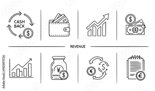 Revenue reduction and cashback finance linear icon set vector isolated on transparent background