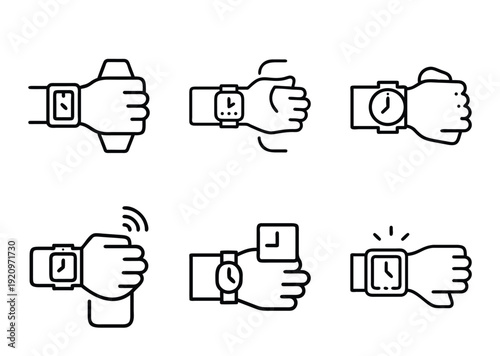 Different Hand Poses Showcasing Variety of Modern Smart Watches, Outline Illustration