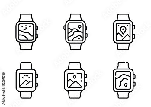 Smart watch icons with various landscape and location map images