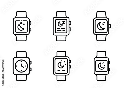 Smartwatches with Sleep Tracking Functionality Displayed in Black and White Icon Set