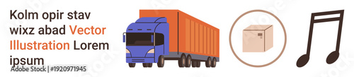 Transportation, logistics, shipping, music, delivery, symbolism. Illustration of a truck, a shipping box and a musical note. Transportation and logistics concept coupled with music