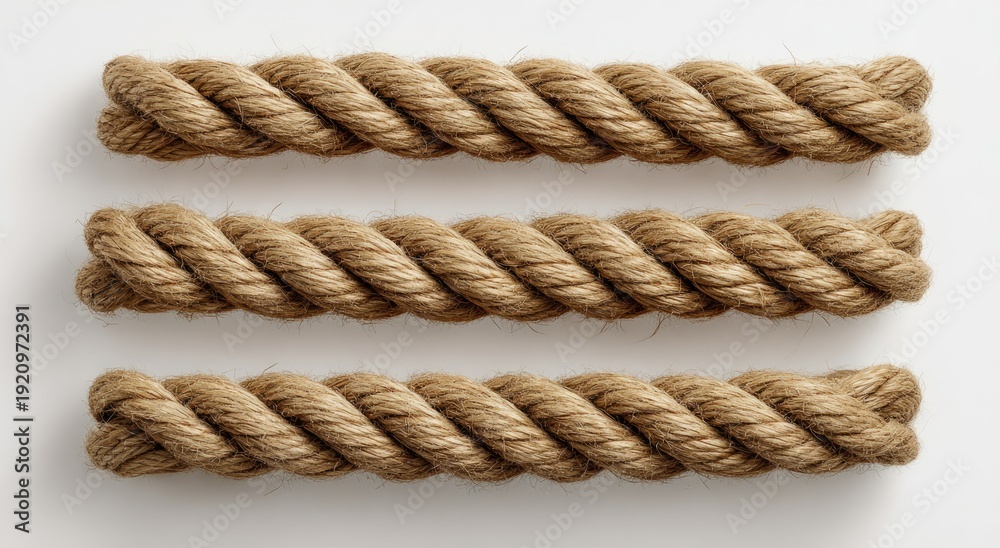 Fototapeta premium Three parallel sections of thick, twisted rope on a plain white background