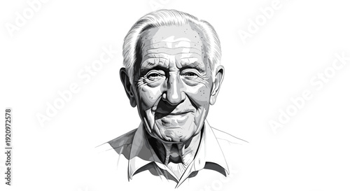 Smiling elderly man portrait illustration in black and white
