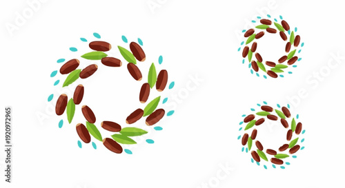 Circular arrangements of coffee beans or dates palm and leaves viewed from directly above showcasing a minimalist wreath design
