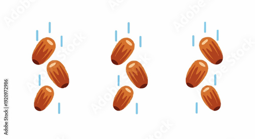 Three sets of almonds or dates palm arranged symmetrically on a white surface, viewed from directly above with precise spacing between each group