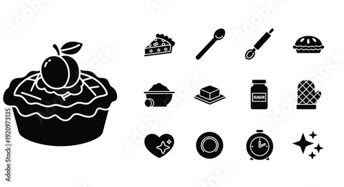 Black silhouette icons of baking ingredients and tools with a large cherry pie, representing the art of homemade dessert preparation.