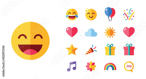 Collection of colorful flat design icons representing happiness, celebration, and positive emotions, including emojis, hearts, balloons, and gifts.
