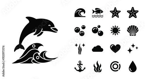 Black silhouette icons featuring a jumping dolphin and various marine and nature elements like waves, fish, starfish, sun, and anchor on a white background.