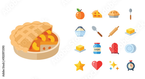 A delicious peach pie with a slice removed, alongside a collection of baking ingredients and kitchen tools icons.