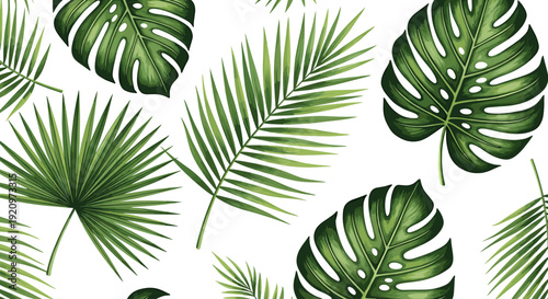 Tropical green leaves seamless pattern on white background