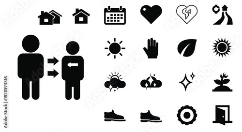 A diverse collection of black and white vector icons representing concepts like home, time, love, nature, people, weather, growth, and daily life elements.