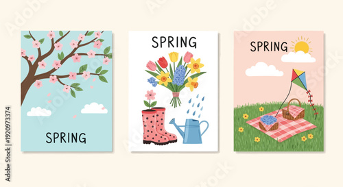 Three vibrant spring-themed illustrations depicting blooming trees, garden elements, and a cheerful picnic scene.