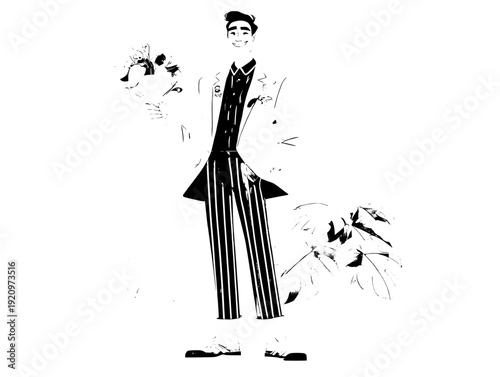 Golden trophy business character celebration scene, green suit cartoon figure first place pose, isolated background competition victory theme for contest event promotion and ranking display design