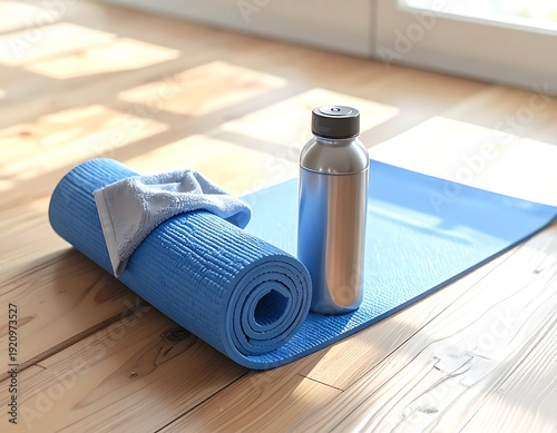 blue yoga mat, metal water bottle, and towel on a sunlit wooden floor, ready for home fitness and wellness.