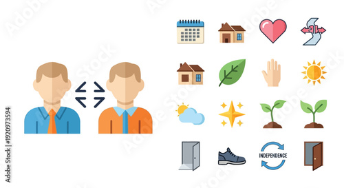 Illustration of two people interacting with arrows symbolizing communication, surrounded by various icons representing life, business, and nature.