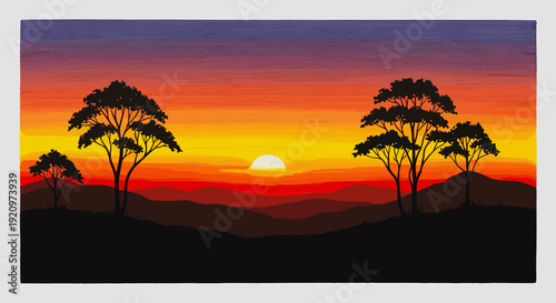 Vibrant sunset over African savanna with silhouetted trees and mountains